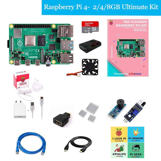Buy Raspberry Pi4 2-4-8GB Model 4B Ultimate Kit- Case, Power Adapter, Heatsink, Fan, HDMI Cable, Ethernet Cable, 16-32-64 GB SD Card, Sensors and Manual Online in India