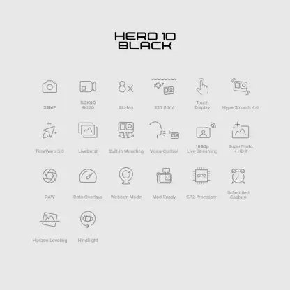 GoPro Hero 10 Waterproof with Front LCD and Touch Rear Screens, 5.3K60 Ultra HD Video, 1080p Live Streaming, Webcam, Stabilization Sports and Action Camera  (Black, 23 MP)