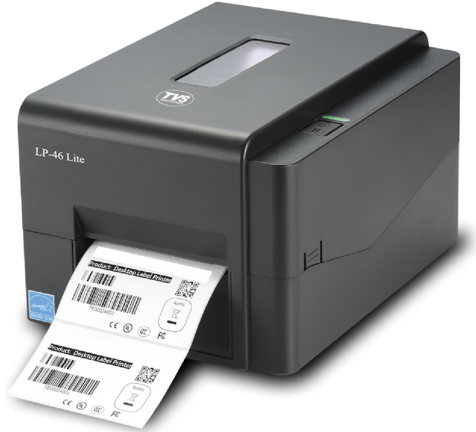 TVS Electronics LP 46 Lite thermal label printer printing a barcode label