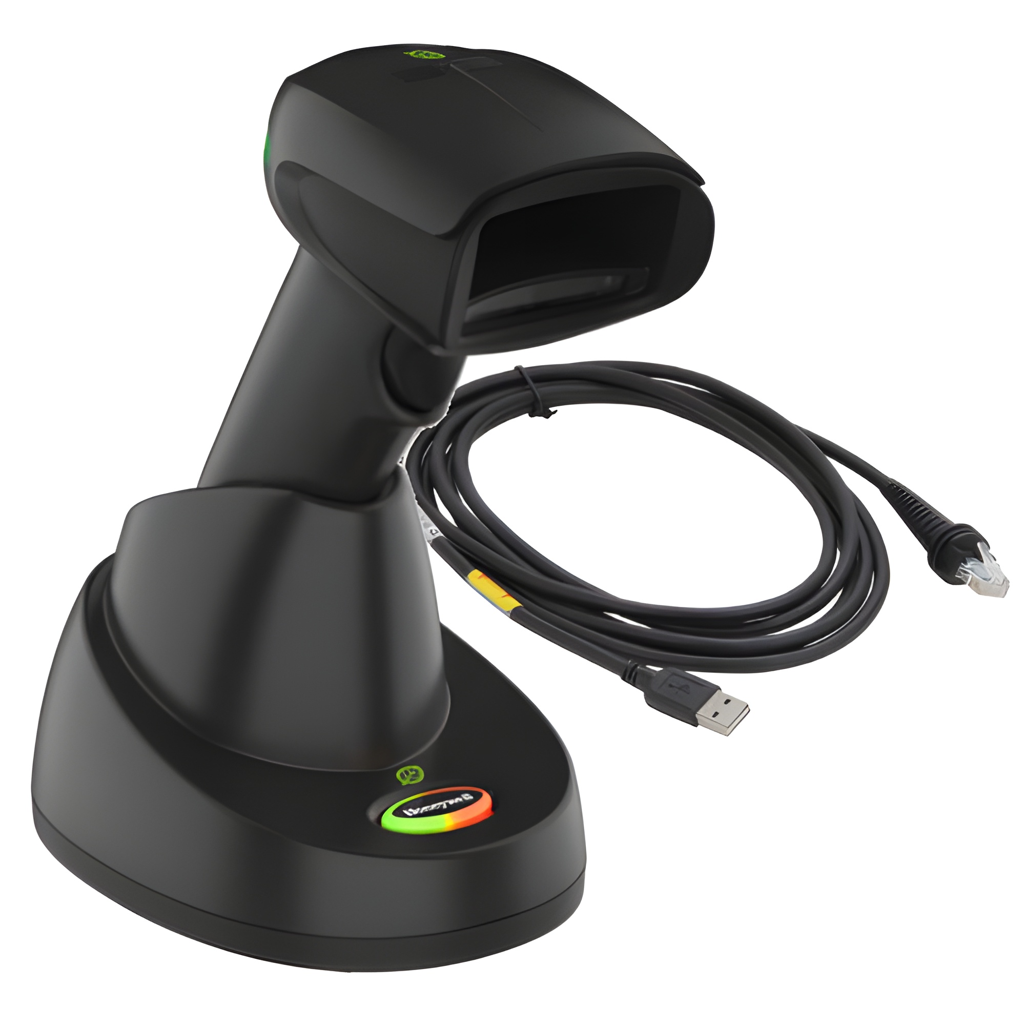 Honeywell Xenon XP 1952g GSR cordless 2D barcode scanner in its charging base with USB cable