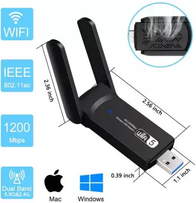 Wavenex Dual Band Realtek Wi-Fi USB Adapter RTL8812BU 1200 Mbps USB Adapter  (Black)