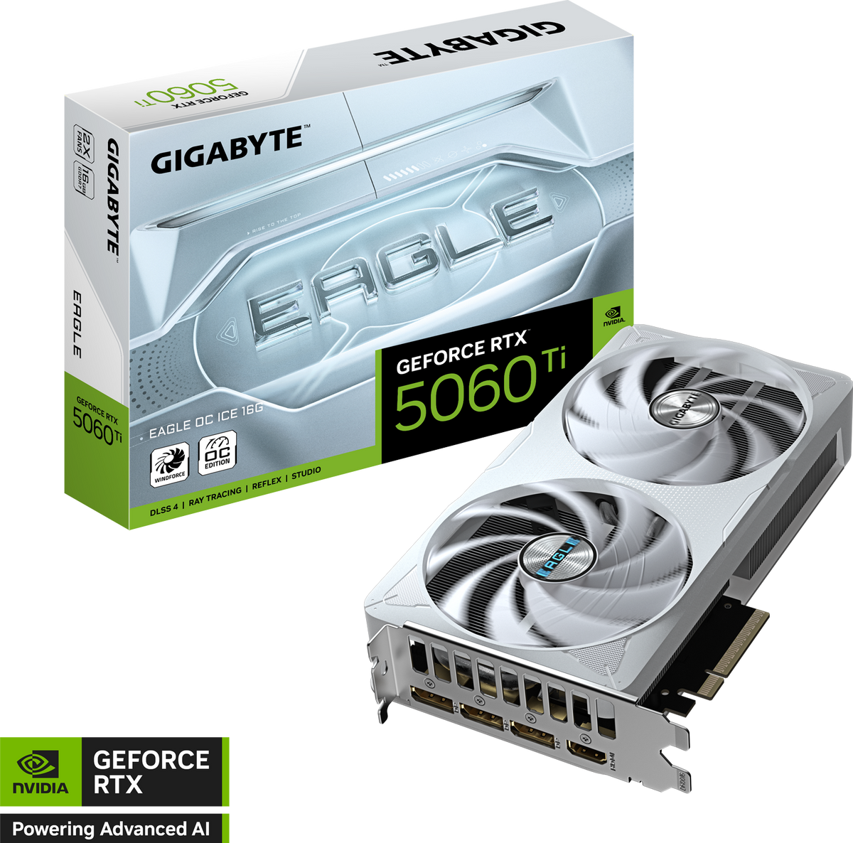 Gigabyte GeForce RTX 5060 Ti Eagle OC ICE 16GB GDDR7 Graphics Card - box and card, angle view