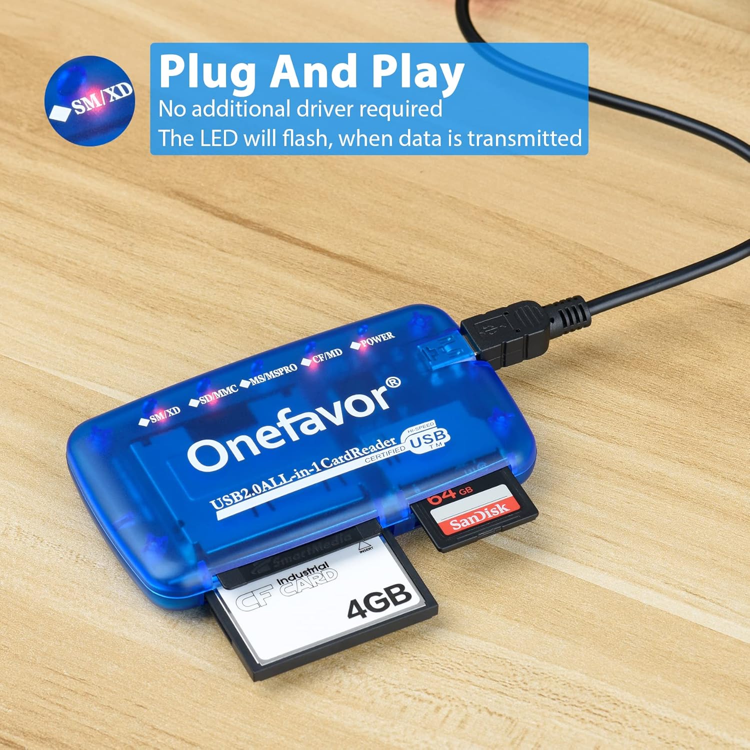 Onefavor SmartMedia Cards Reader Writer, All-in-1 USB Universal Multi Card Adapter Slim Hub Read Smart Media SD, XD, CF, MMC, MS Pro Duo, Camera Flash Memory Cards Reader for Windows, Mac, Linux