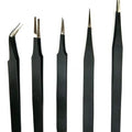 Non-Magnetic Straight and Curved Tips Tweezers Set for Mobile/Gadget/Laptop and Jewelry Repair; Black – Set of 5 Pieces