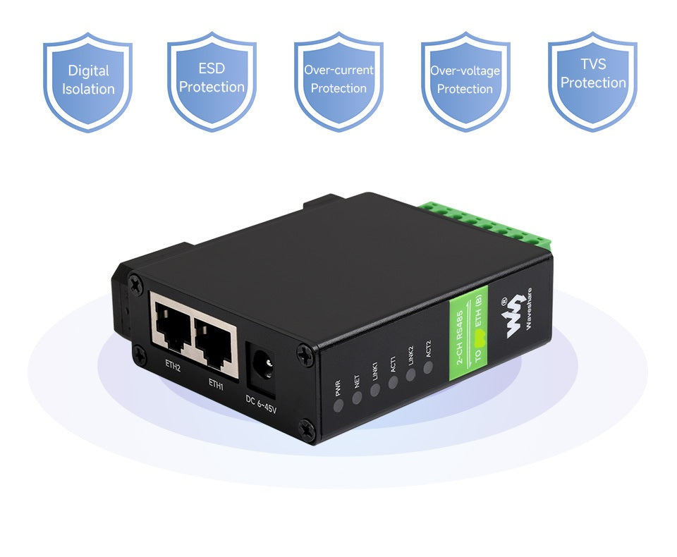 2-Ch RS485 to RJ45 Ethernet Serial Server, Dual channels RS485 independent operation, Dual Common Ethernet Ports