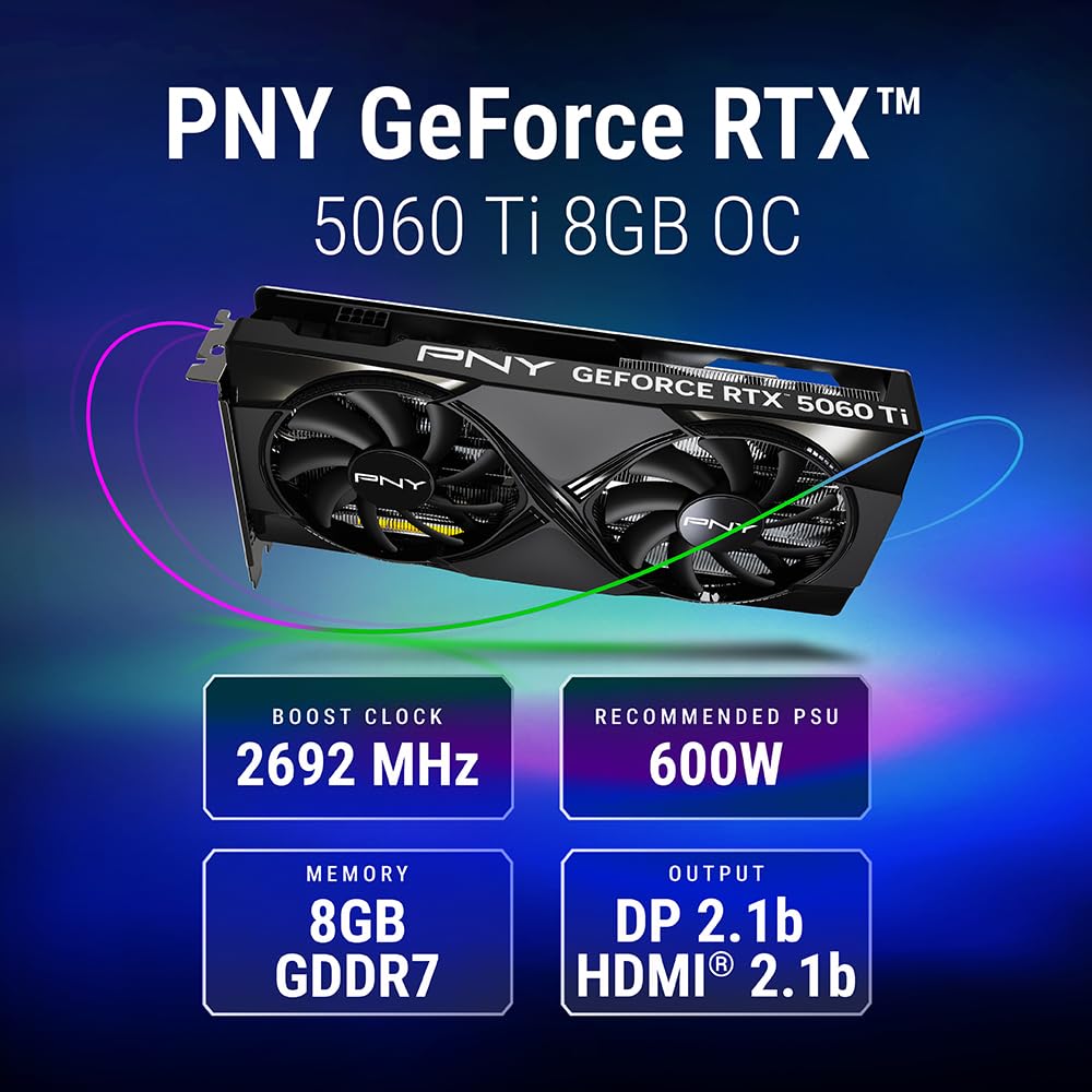 PNY GeForce RTX 5060 Ti OC Dual Fan 8GB GDDR7 Graphics Card - angle view