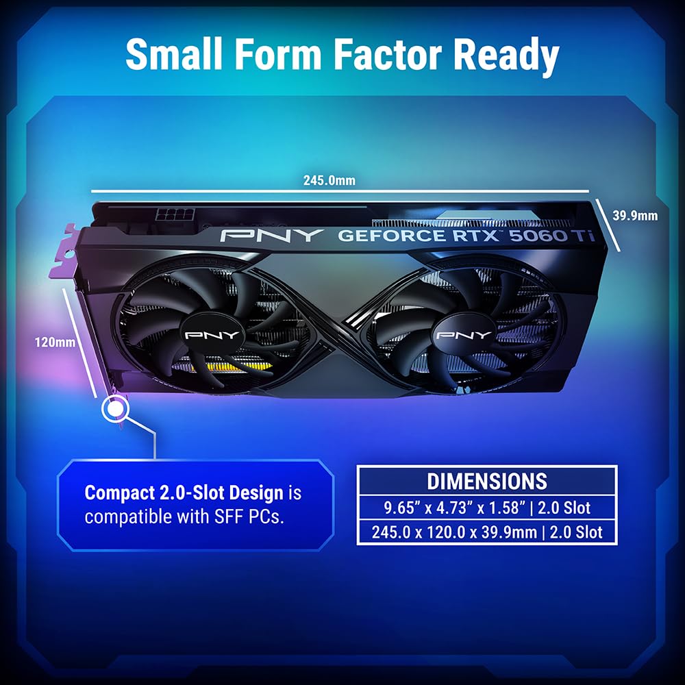 PNY GeForce RTX 5060 Ti OC Dual Fan 8GB GDDR7 Graphics Card - dimensions, 2-slot design