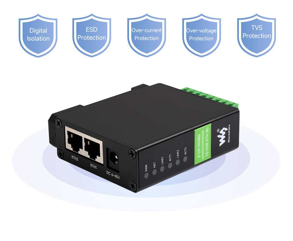 2-Ch RS485 to RJ45 Ethernet Serial Server, Dual channels RS485 independent operation With POE Ethernet Ports