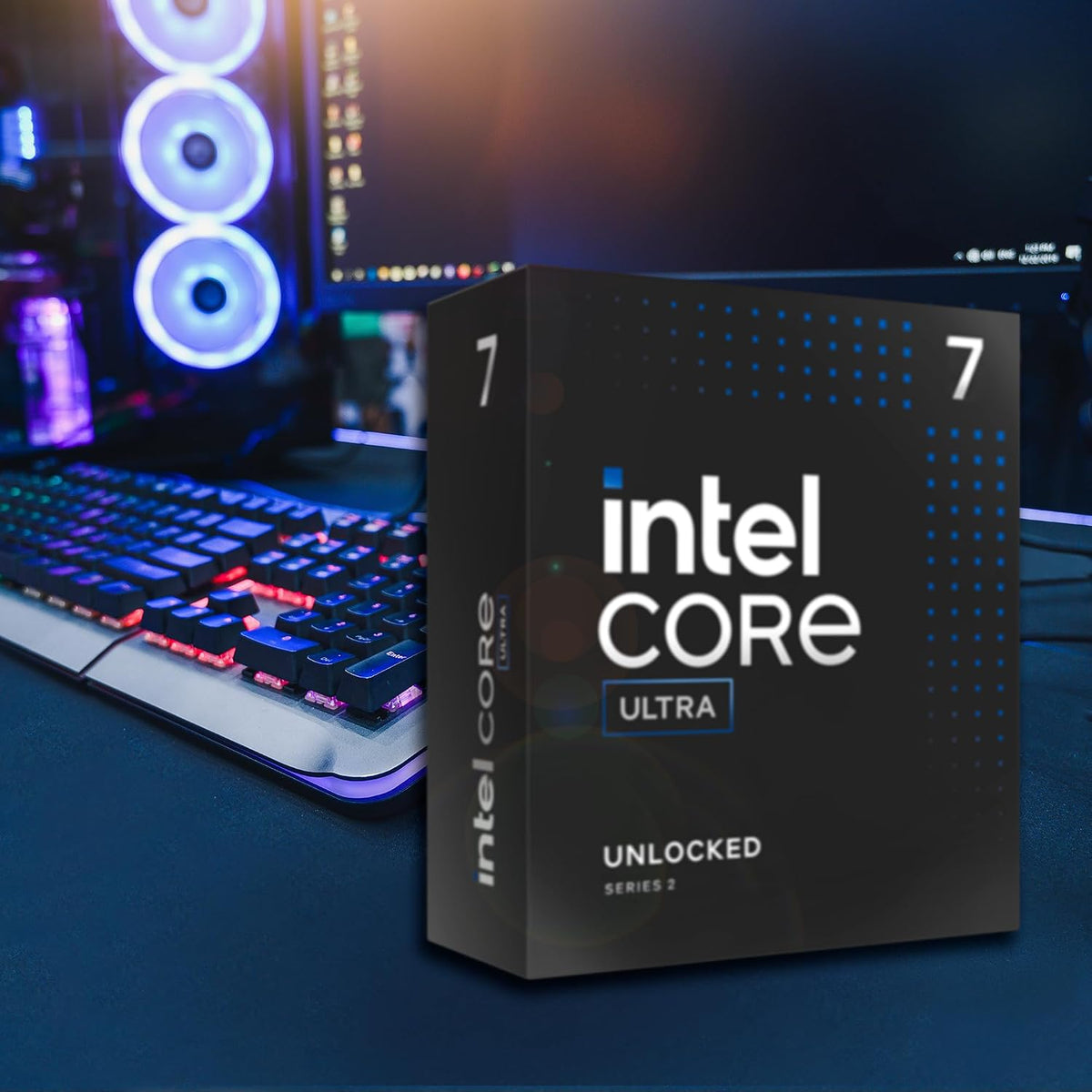 Intel Core Ultra 7 265K Desktop Processor - retail box in a gaming setup