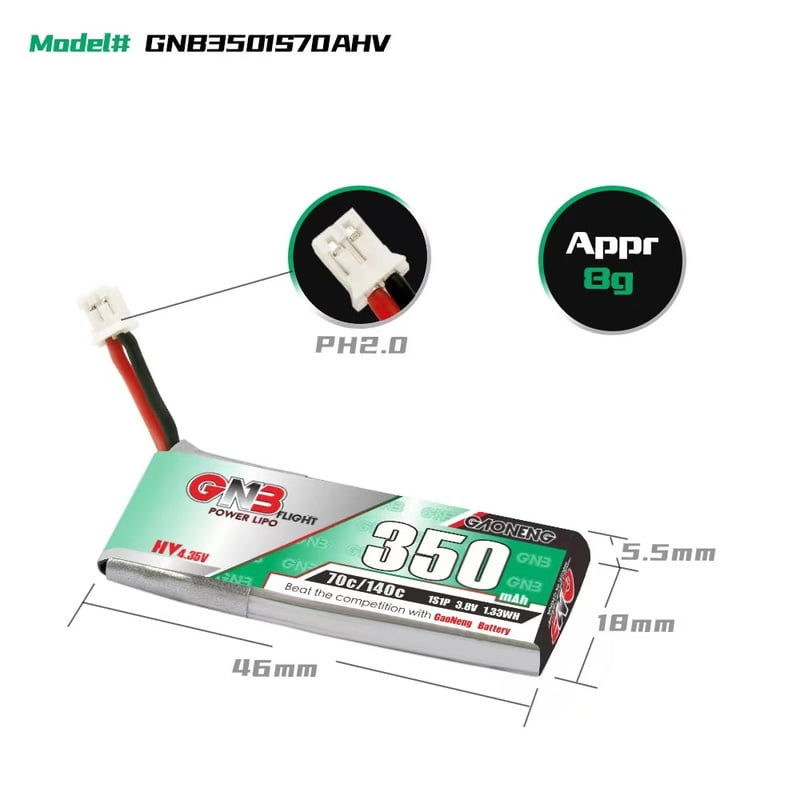 GNB 350mAh 1S1P 3.8V PH2.0 70C Lipo Battery