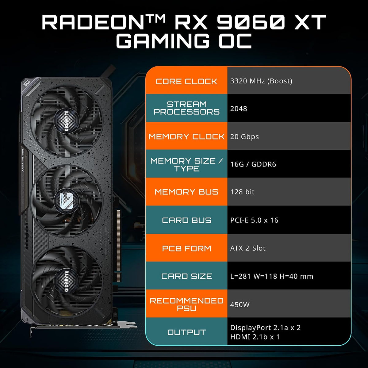 Gigabyte Radeon RX 9060 XT Gaming OC 16G GDDR6 Graphics Card - specification overview