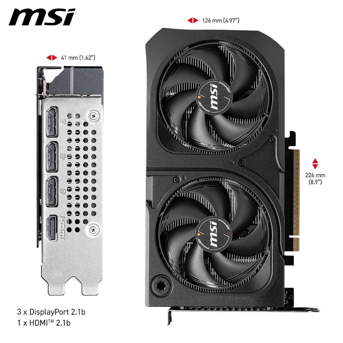 MSI GeForce RTX 5060 Ti 16G Shadow 2X OC Plus 16GB GDDR7 Graphics Card - dimensions and I/O side