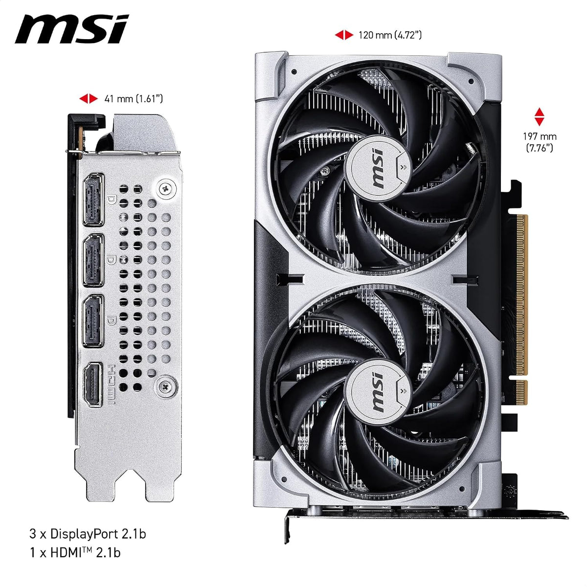 MSI GeForce RTX 5060 Ventus 2X OC 8GB GDDR7 Graphics Card - dimensions and I/O outputs