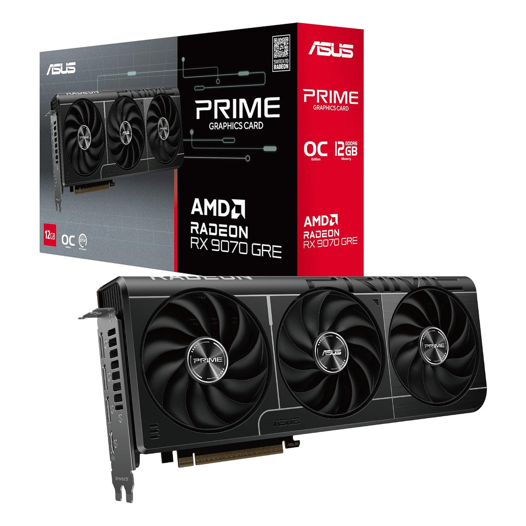 ASUS Prime Radeon RX 9070 GRE EVO OC Edition 12GB GDDR6 Graphics Card - retail box and card