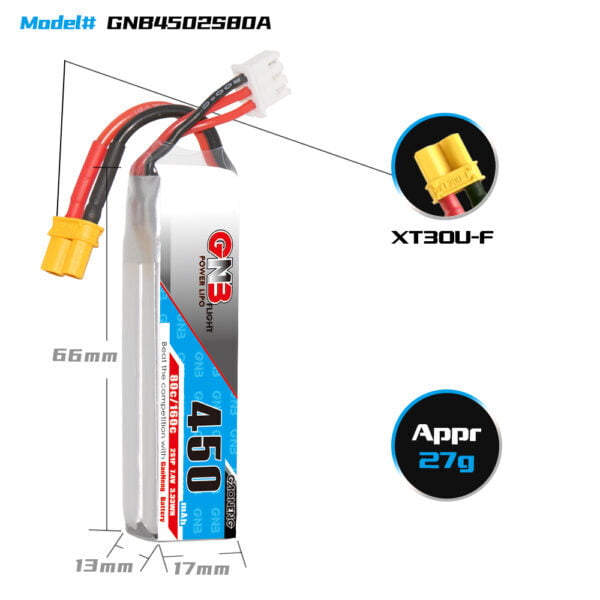 GNB 450mAh 2S1P 7.4V 80C Long Type Lipo Battery