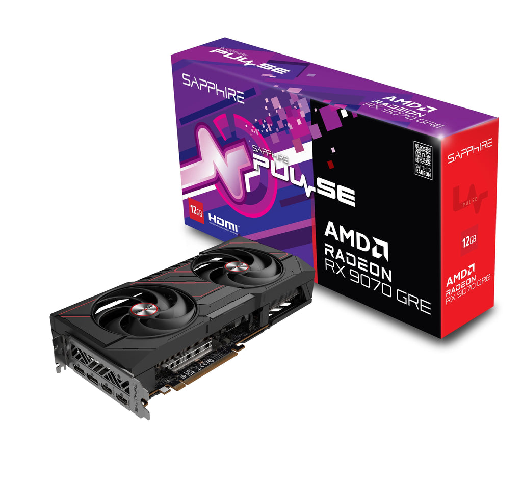 Sapphire Pulse Radeon RX 9070 GRE OC 12GB retail box and card