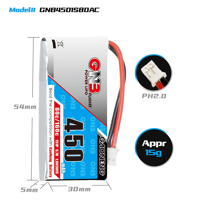 GNB 450mAh 1S1P 3.7V PH2.0 80C Square Type Lipo Battery