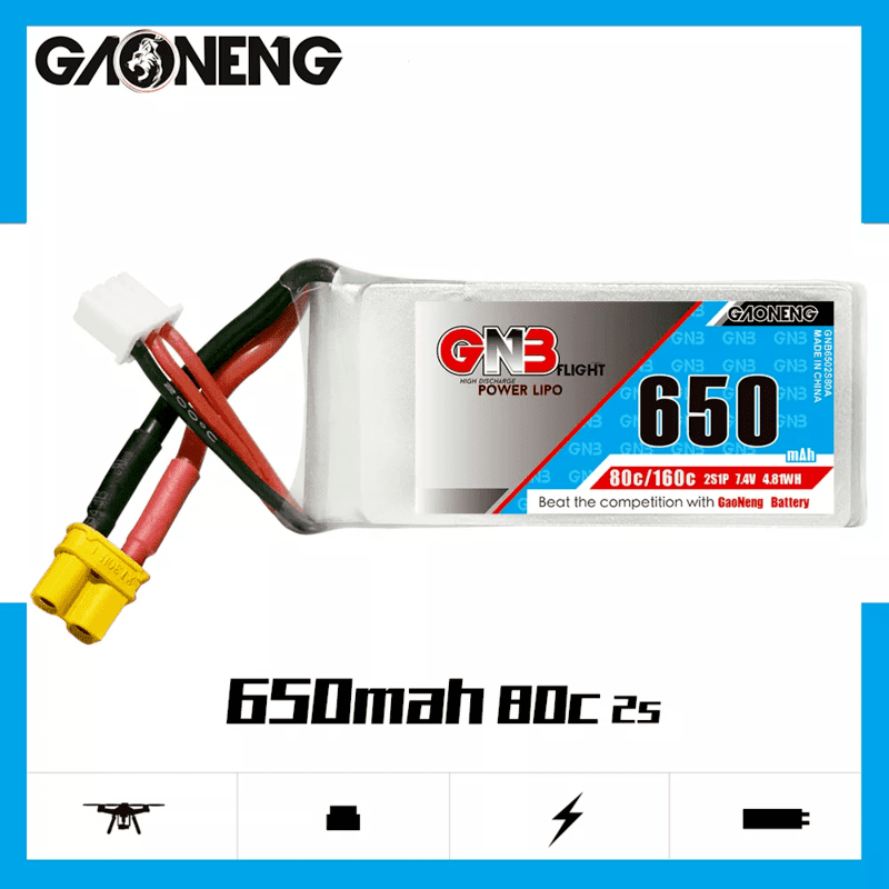 GNB 650mAh 2S1P 7.4V 80C Square Type Lipo Battery