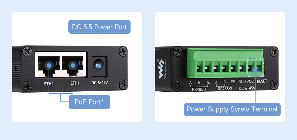 2-Ch RS485 to RJ45 Ethernet Serial Server, Dual channels RS485 independent operation With POE Ethernet Ports