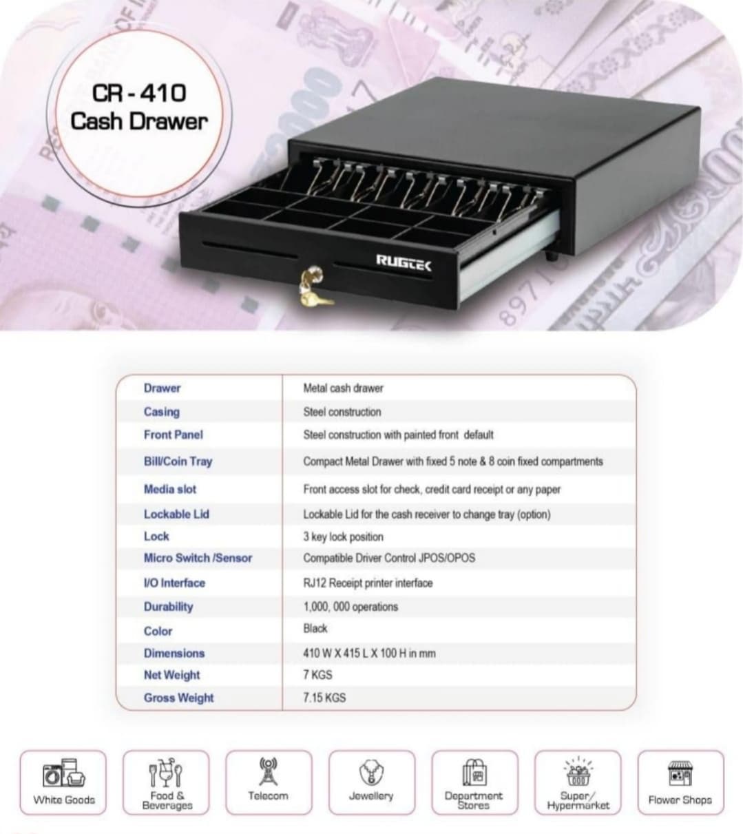 Rugtek CR-410 Metal Cash Drawer — Tech Depot India