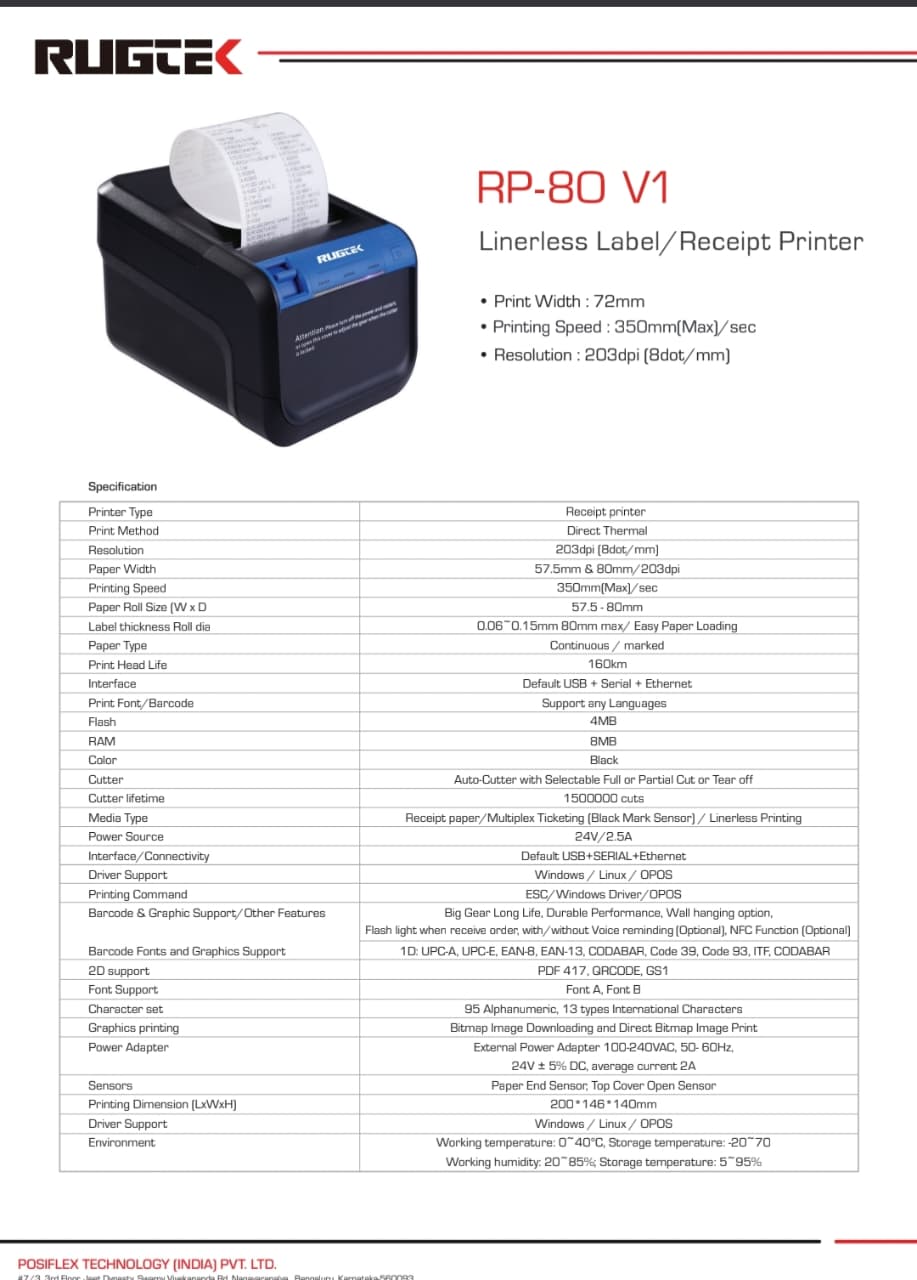 Rugtek RP80-V1 Linerless Label / Receipt Printer — Tech Depot India