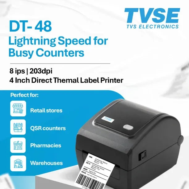TVS Electronics DT-48 4-inch direct thermal barcode label printer, 203 dpi, 8 ips